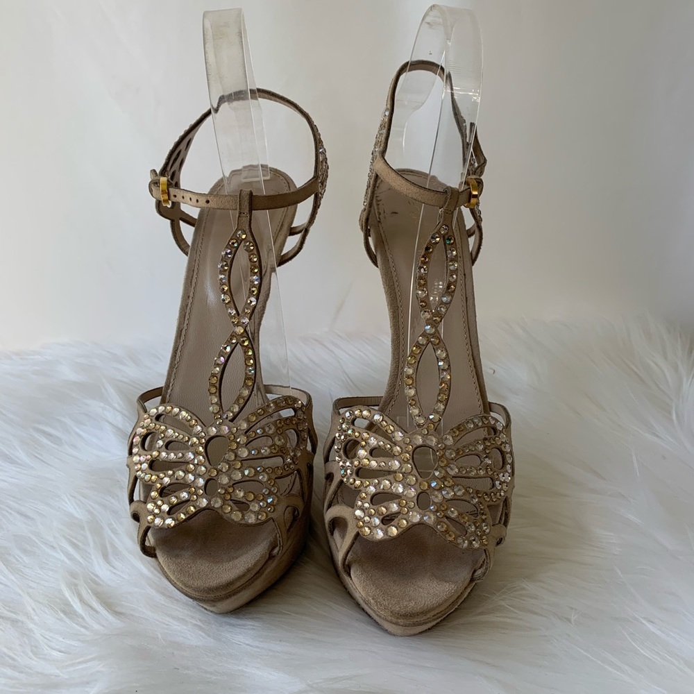 Sergio Rossi Tan Crystal butterfly heels